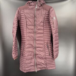 Kuhl Spyfire Projekt Goose Down Parka Jacket Womens Sz XSmall Maroon Hooded Coat